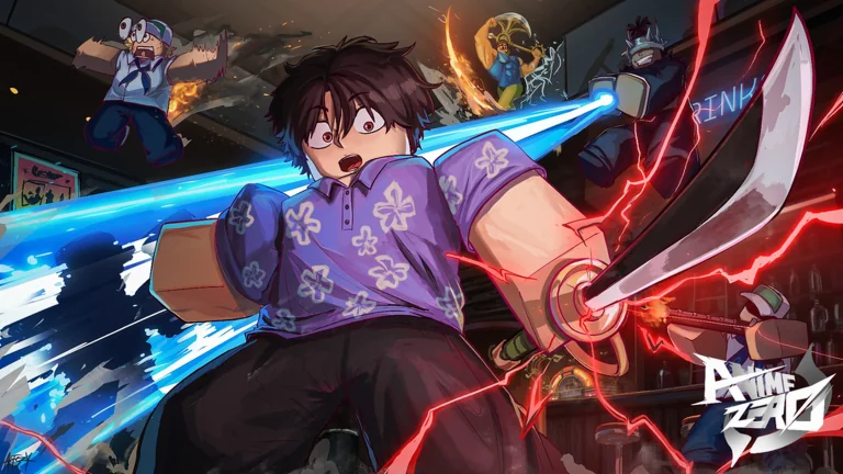 Anime Zero promotional artwork showing a combat character between blue and red attack effects.